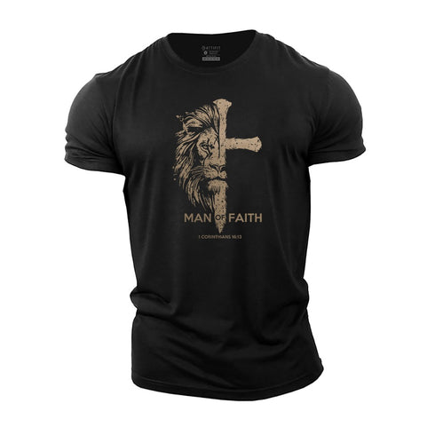 A black Men's Cotton T-Shirt with a graphic design of a lion and the text 'MAN OF FAITH' on the front.